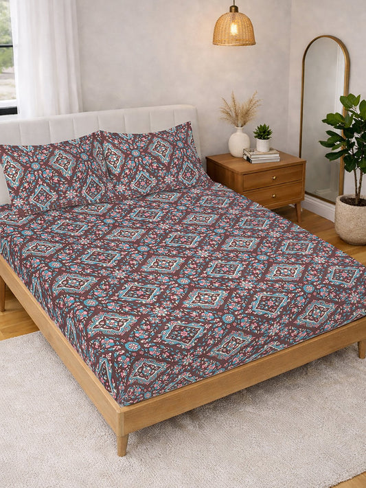 Brown Floral Cotton Blend Double Bedsheet with 2 Pillow Covers
