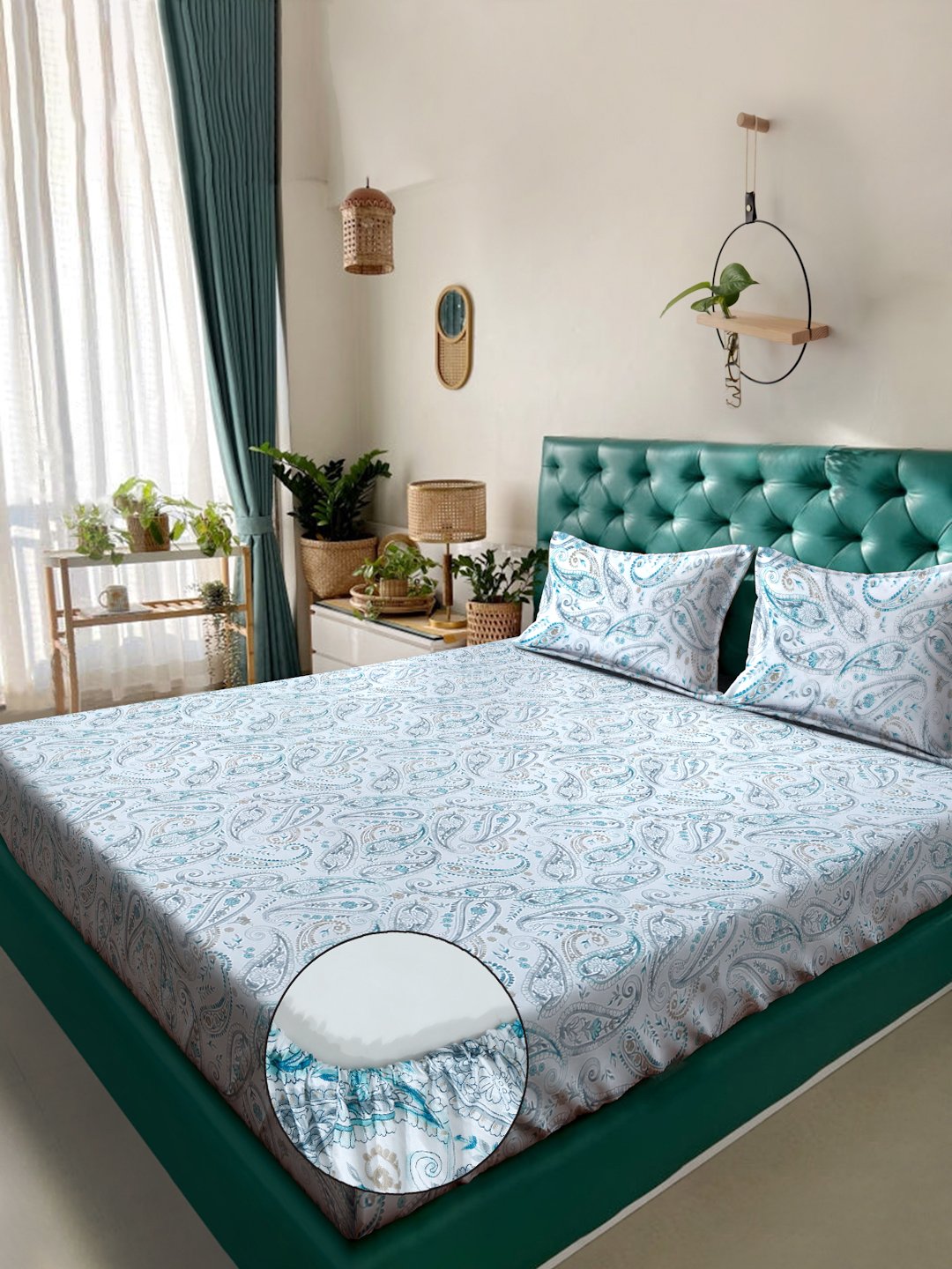 Blue Floral 400 TC Pure Cotton Fitted Double Bedsheet with 2 Pillow Covers