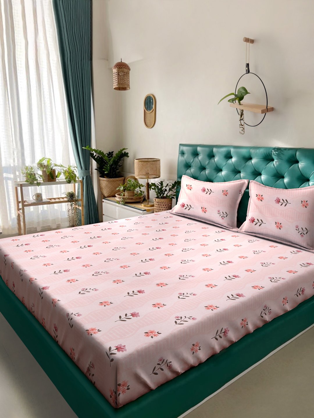 Book Fold Pink Floral 300 TC Cotton Blend Double Bedsheet with 2 Pillow Covers