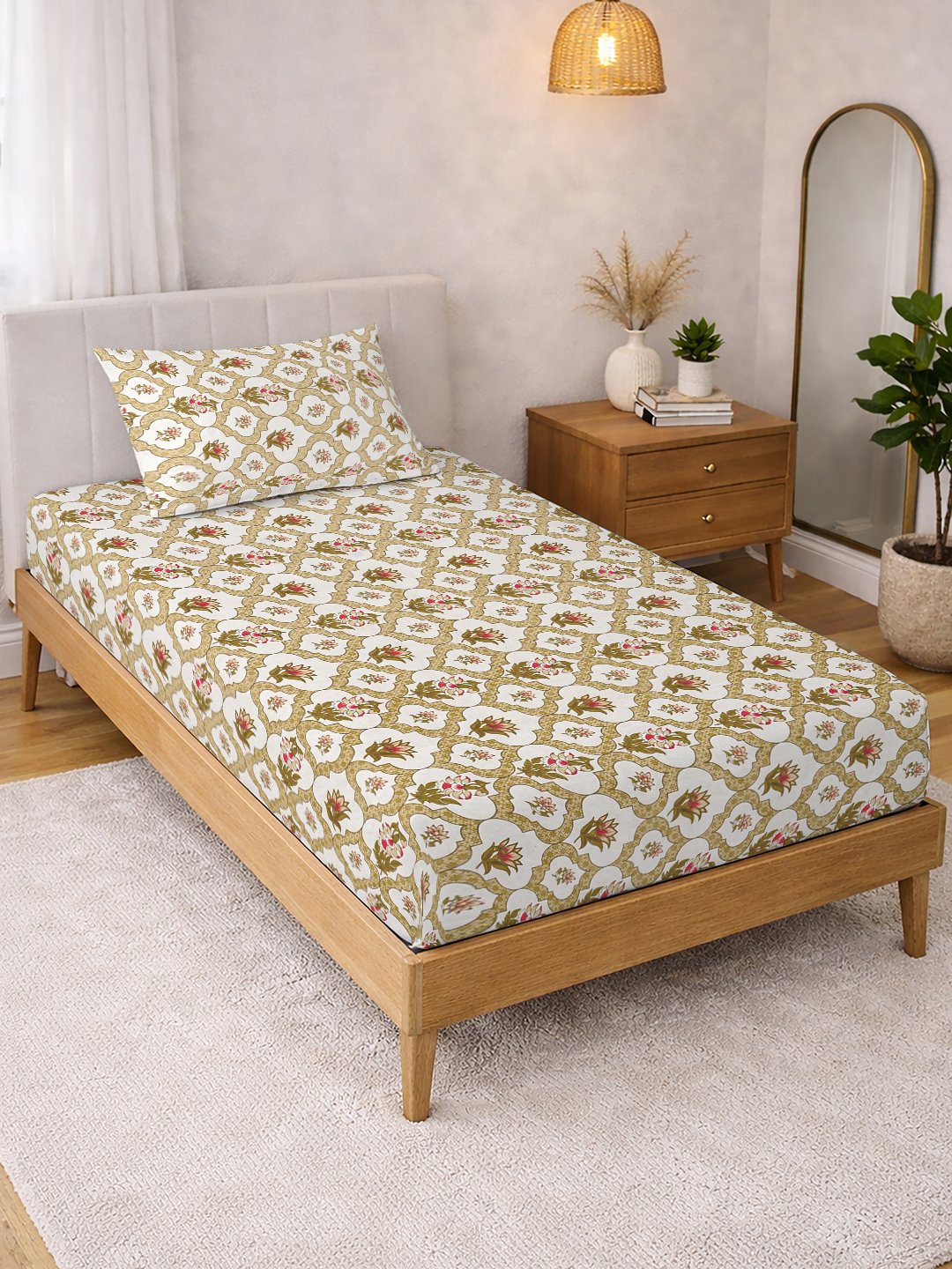 Yellow Floral Cotton Blend Single Bedsheet with Pillow Cover