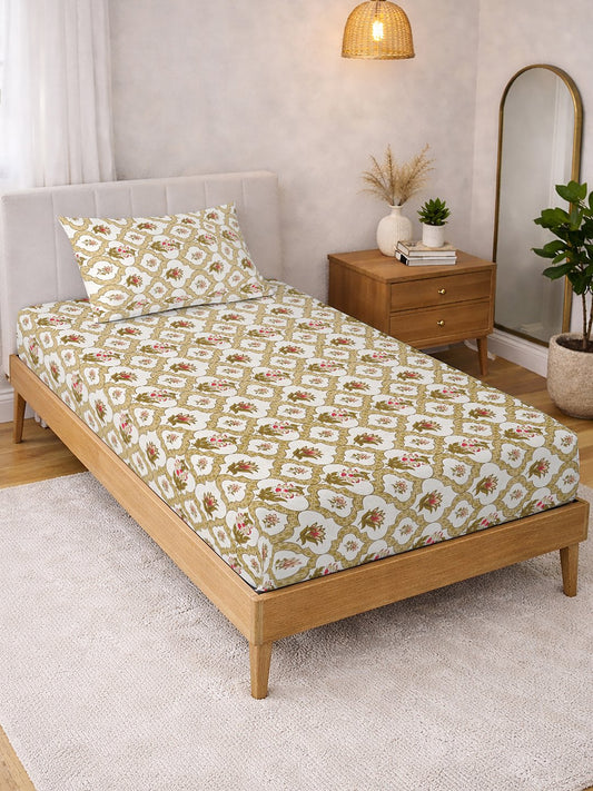 Yellow Floral Cotton Blend Single Bedsheet with Pillow Cover