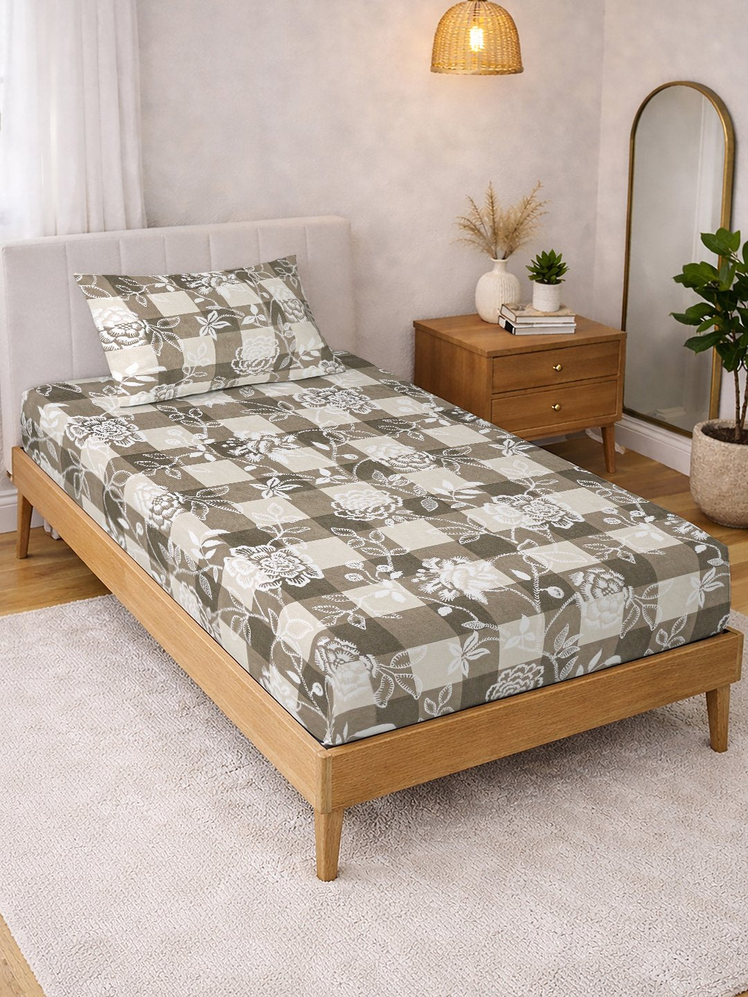 Begie Floral Cotton Blend Single Bedsheet with Pillow Cover