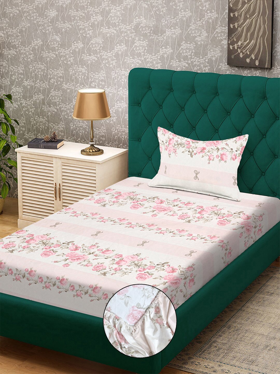 Pink Floral 300 TC Cotton Blend Fitted Single Bedsheet with Pillow Cover