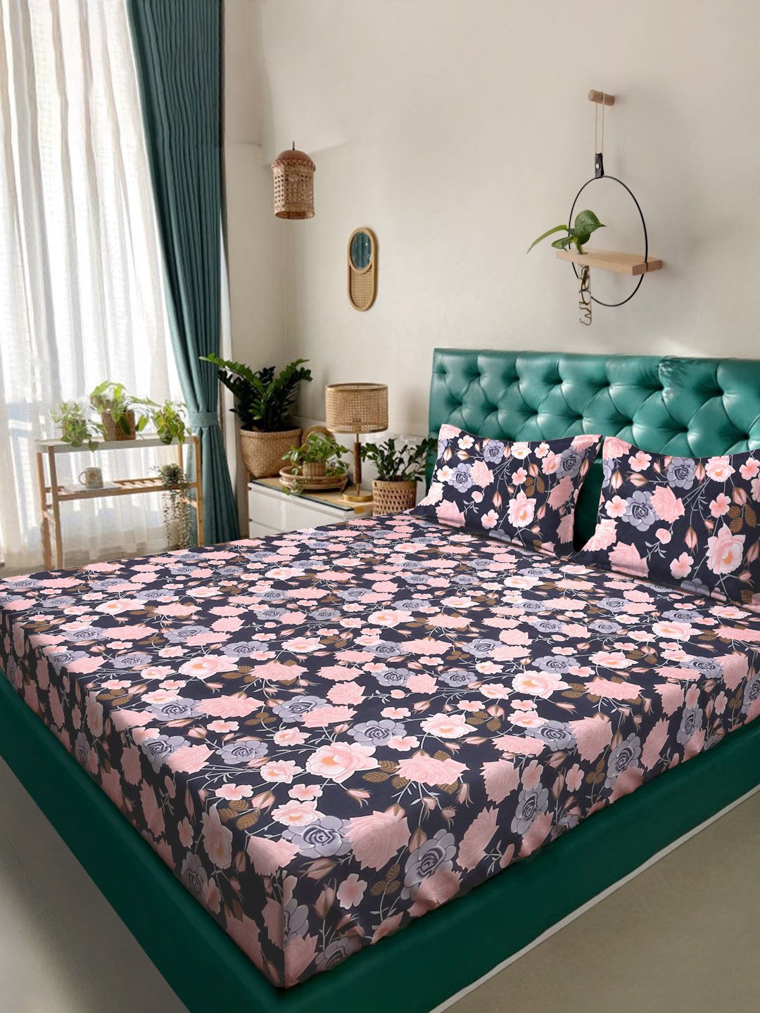 Multi Floral 300 TC Cotton Blend Double Bedsheet with 2 Pillow Covers