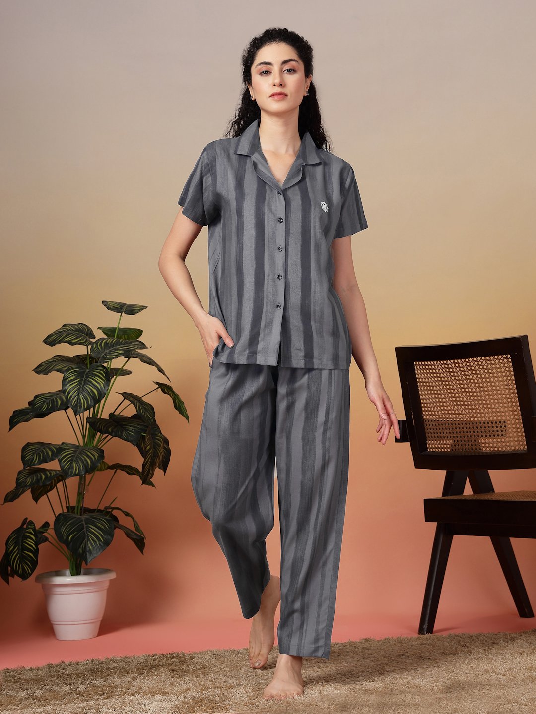 Women Grey Striped Pure Cotton Night Suit