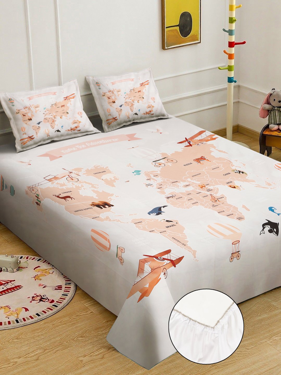 OffWhite Digital Graphic Printed Cotton Blend Fitted Double Bedsheet with 2 Pillow Covers