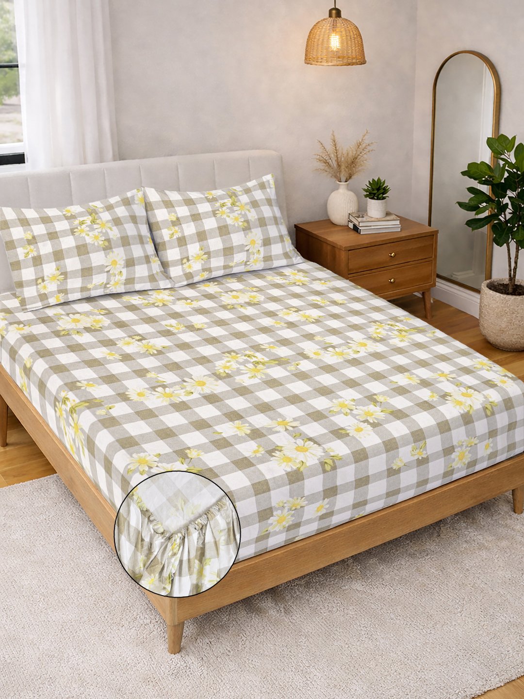 Beige Floral Cotton Blend Fitted Double Bedsheet with 2 Pillow Covers