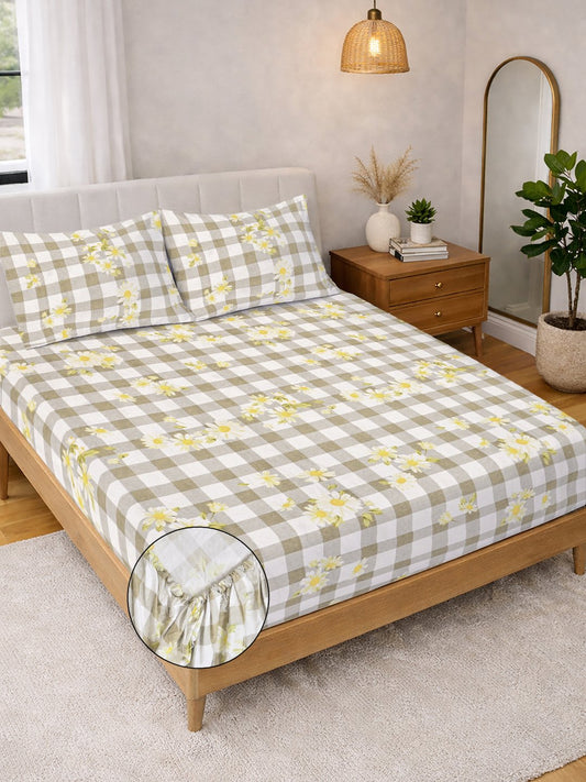 Beige Floral Cotton Blend Fitted Double Bedsheet with 2 Pillow Covers