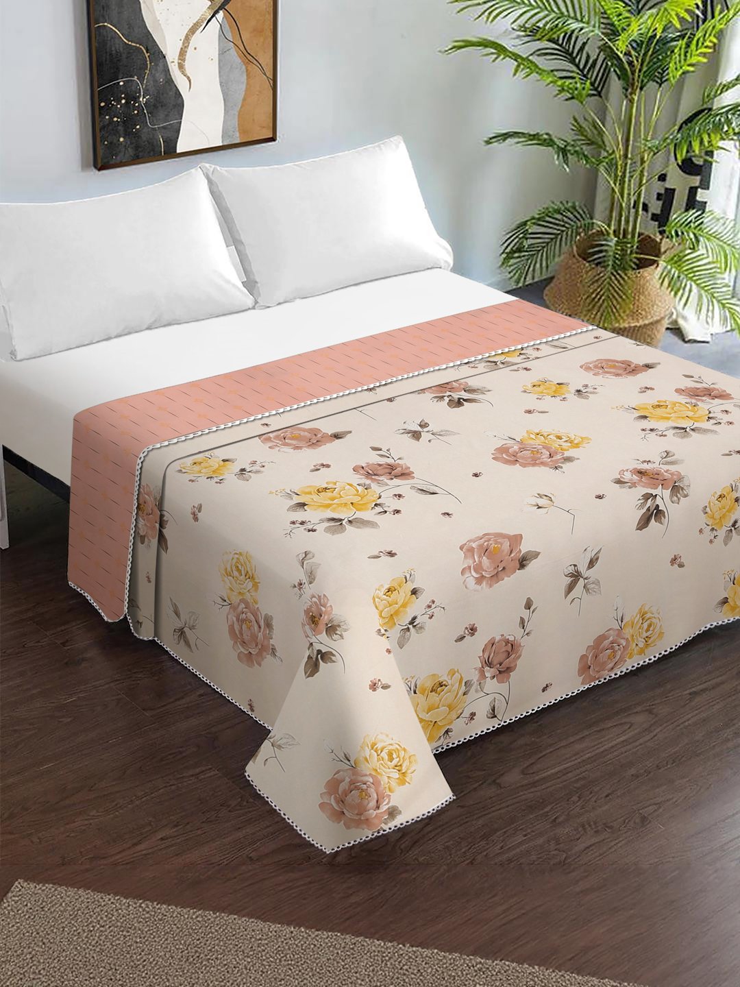 Cream Cotton Blend Floral Double Bed Dohar