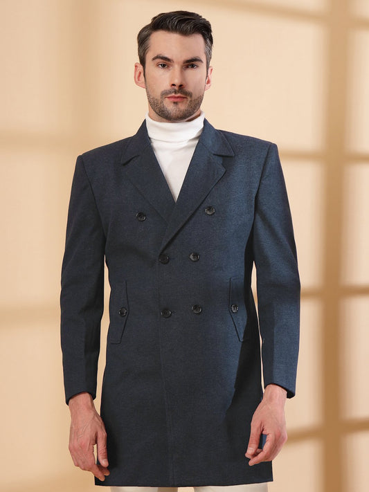 NavyBlue Long Sleeve Double-Breasted Woolen Coat