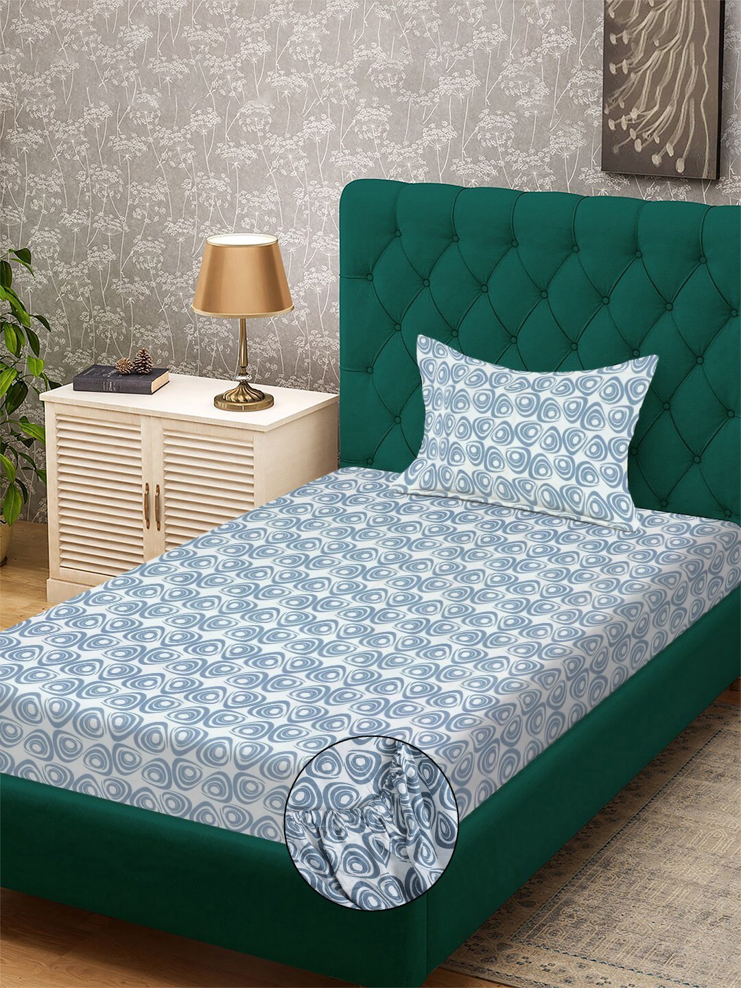 Blue Geometric 300 TC Cotton Blend Fitted Single Bedsheet with Pillow Cover