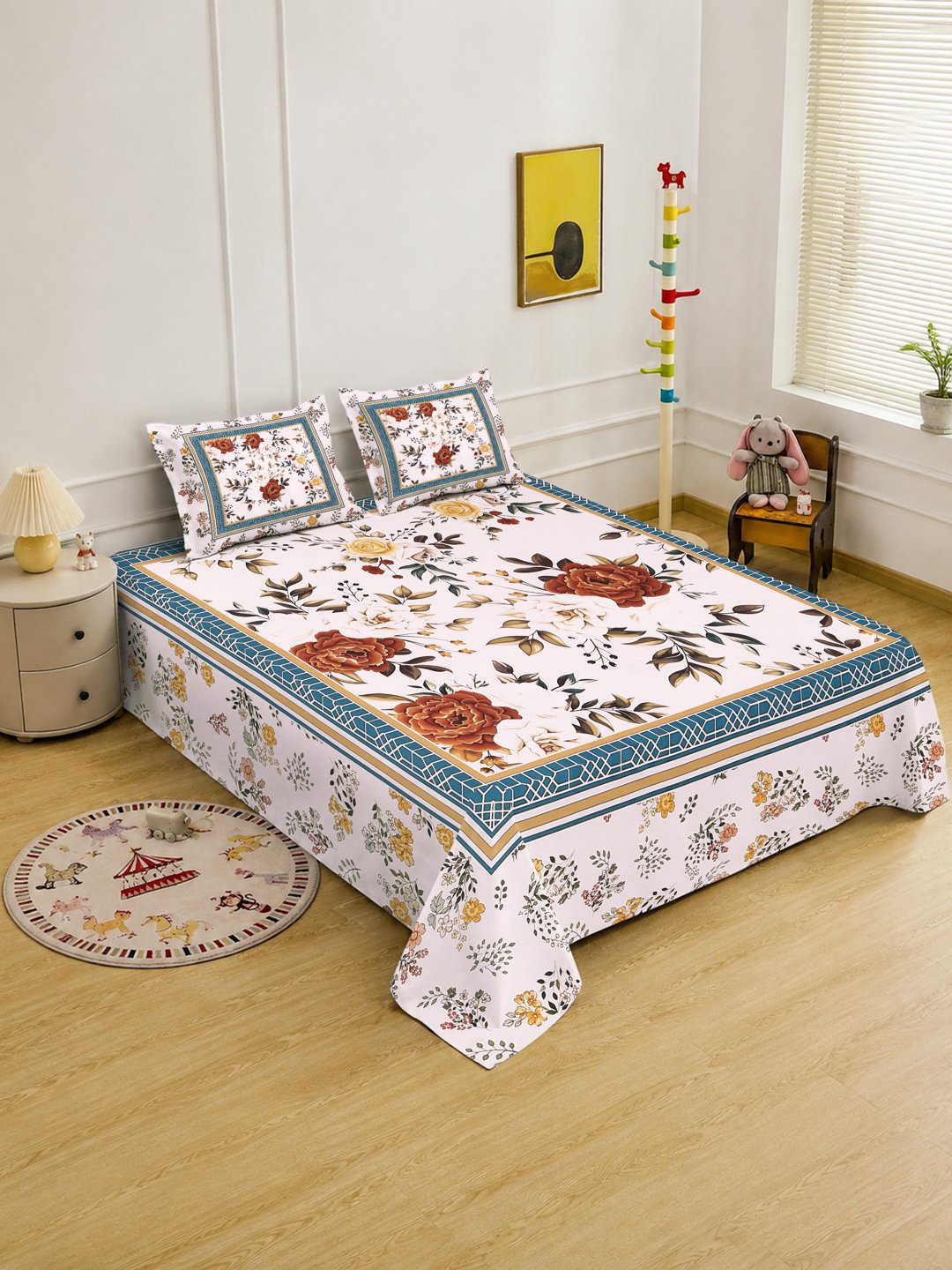 Digital Multi Floral Cotton Blend Fitted Double Bedsheet with 2 Pillow Covers