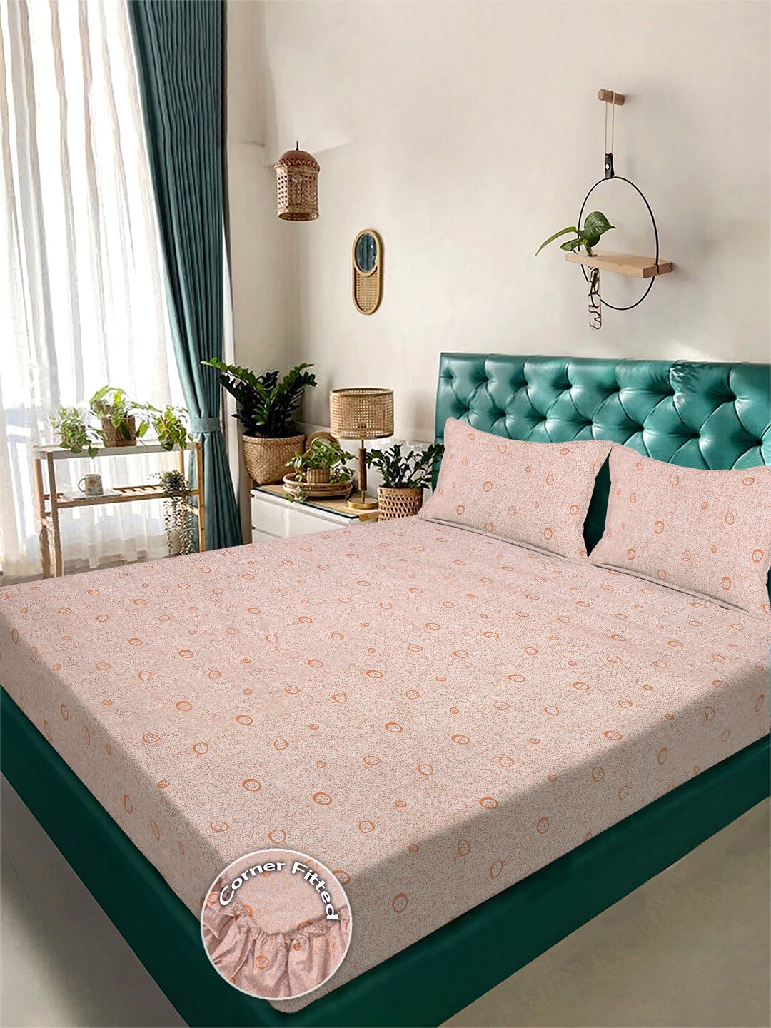 Orange Geometric 300 TC Cotton Blend Fitted Double Bedsheet with 2 Pillow Covers