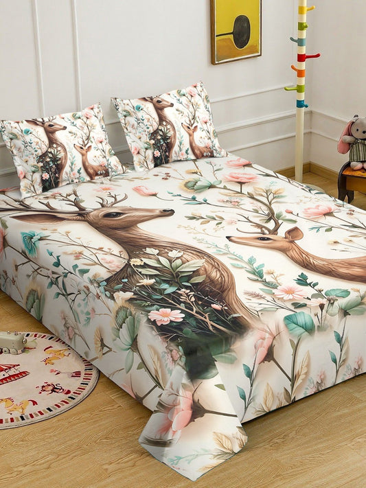 Cream 7D Animal Printed Cotton Blend Double Bedsheet with 2 Pillow Covers
