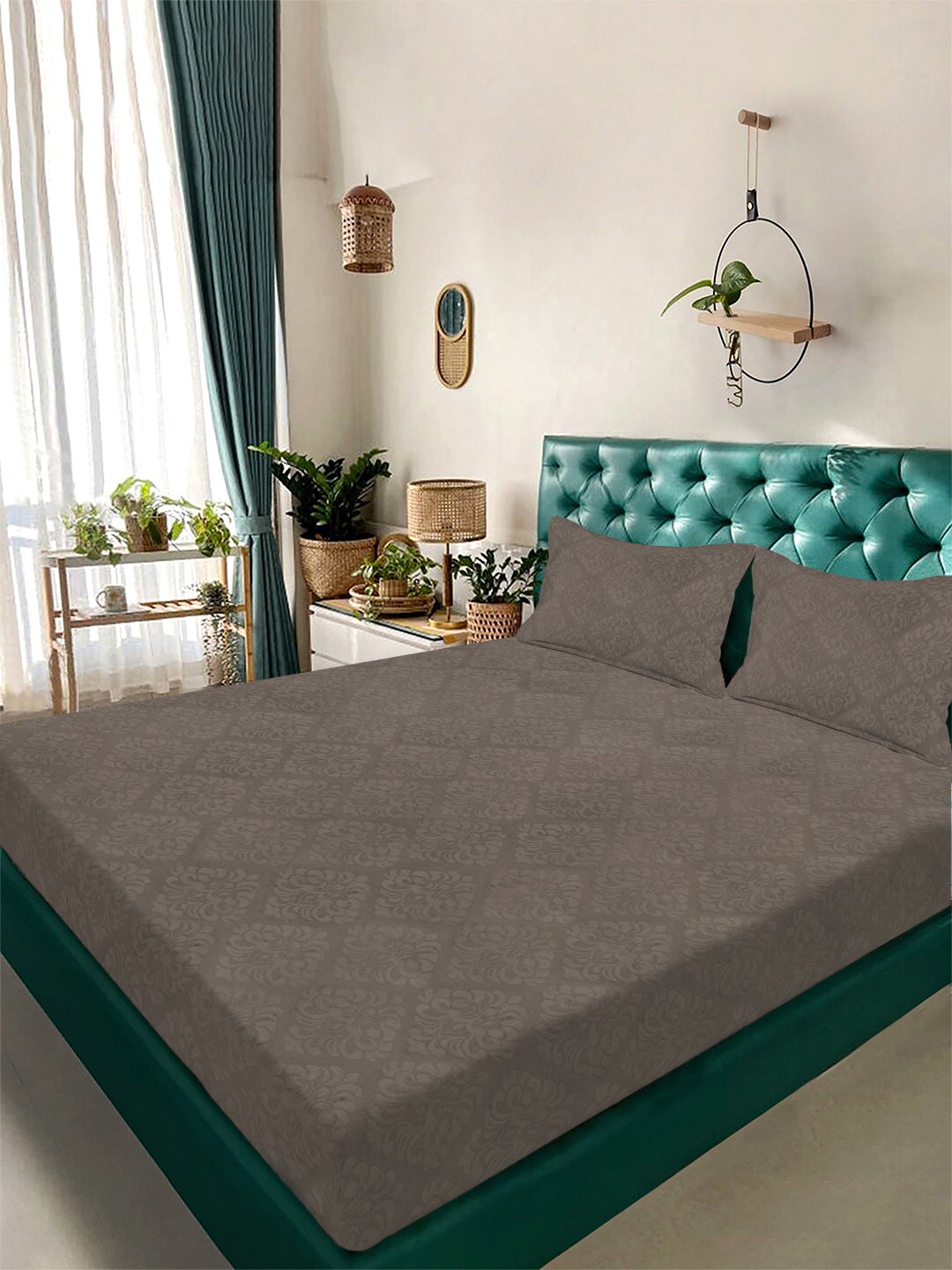 Brown Floral Embossed Cotton Blend Double Bedsheet with 2 Pillow Covers