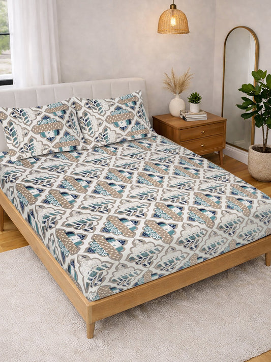 Cream Geometric Cotton Blend Double Bedsheet with 2 Pillow Covers