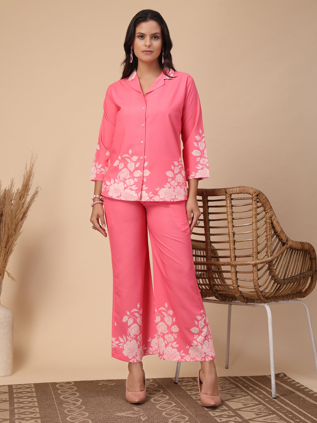 Pink Cotton Printed Shirt With Trousers Co-Ords Set