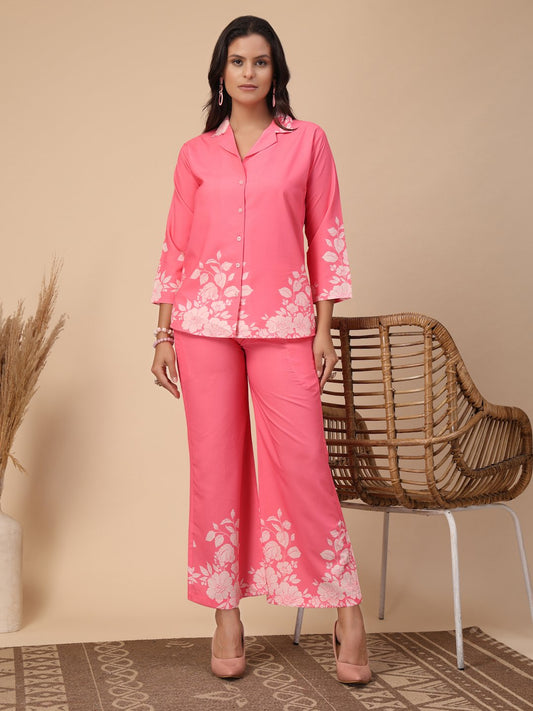 Pink Cotton Printed Shirt With Trousers Co-Ords Set