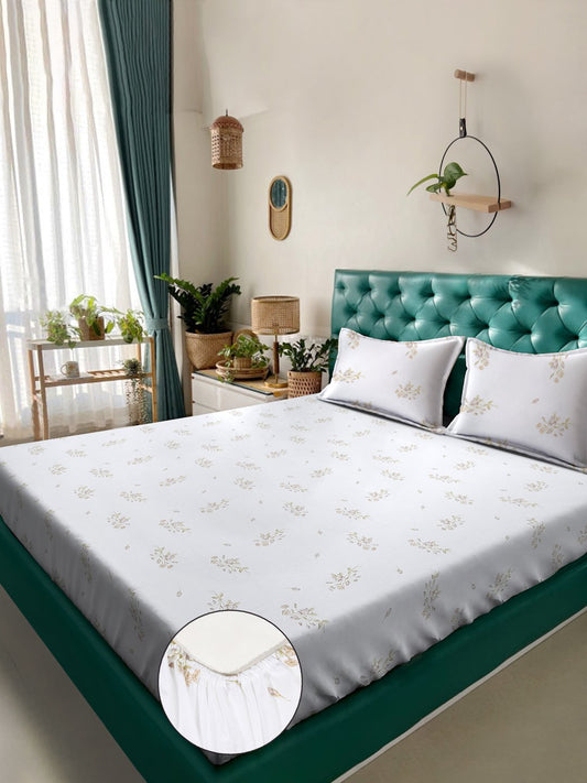 White Floral 400 TC Pure Cotton Super King Double Bedsheet with 2 Pillow Covers