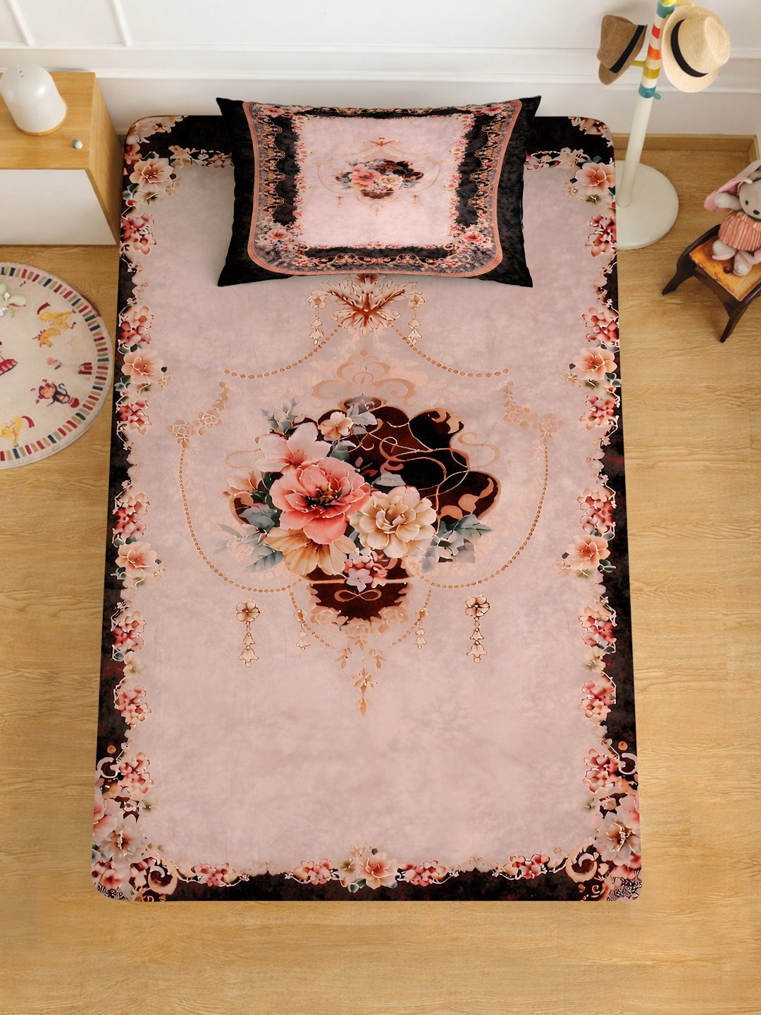 Multi Digital Floral Printed Cotton Blend Single Bedsheet with Pillow Cover