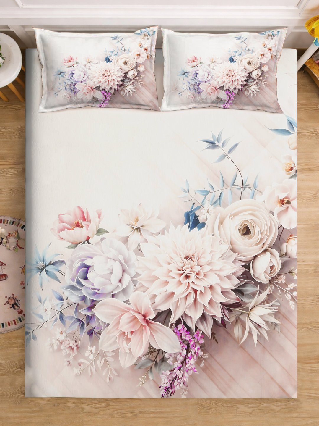 Multi Digital Floral Printed Cotton Blend Fitted Double Bedsheet with 2 Pillow Covers