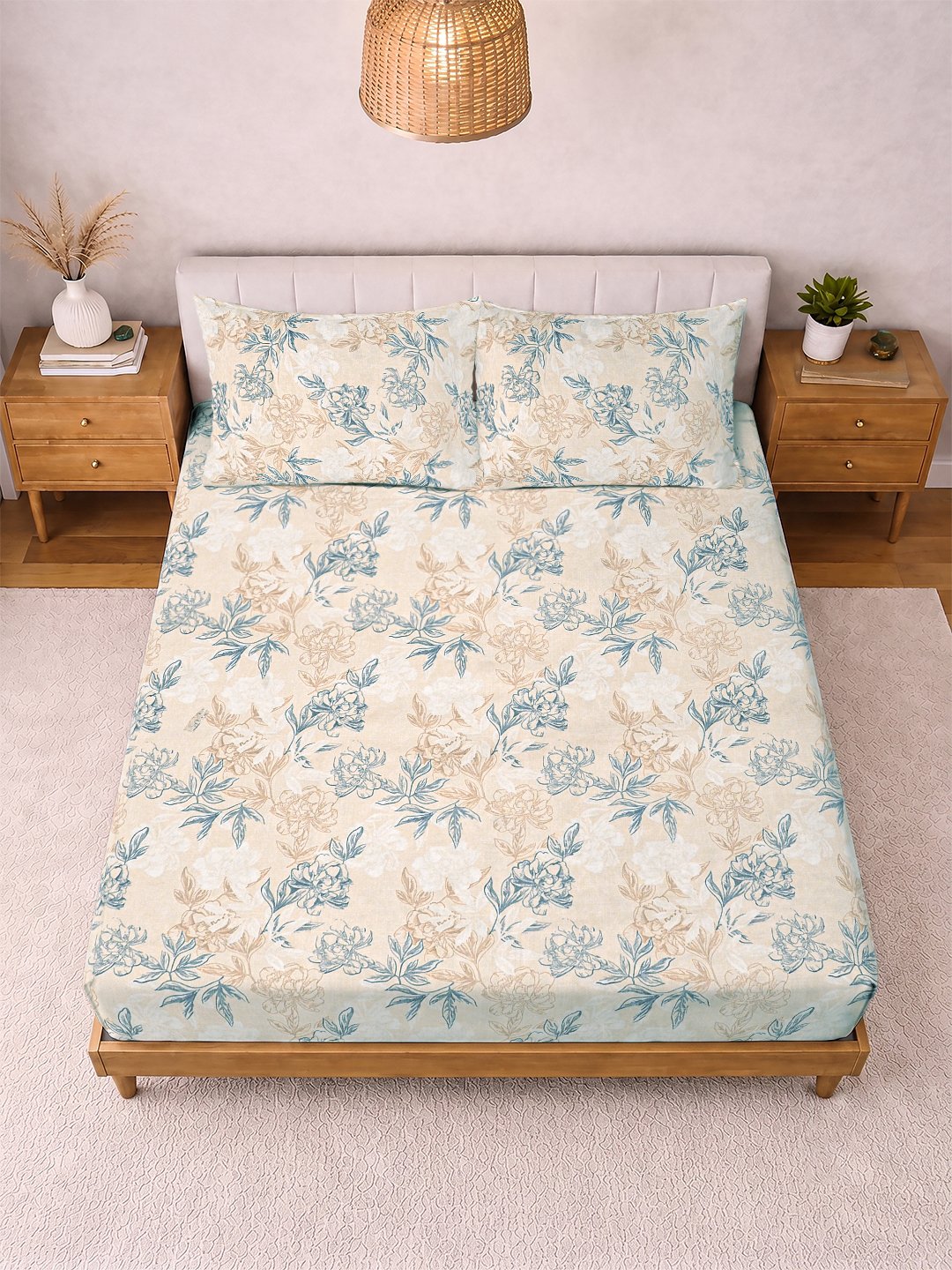 Cream Floral Cotton Blend Double Bedsheet with 2 Pillow Covers