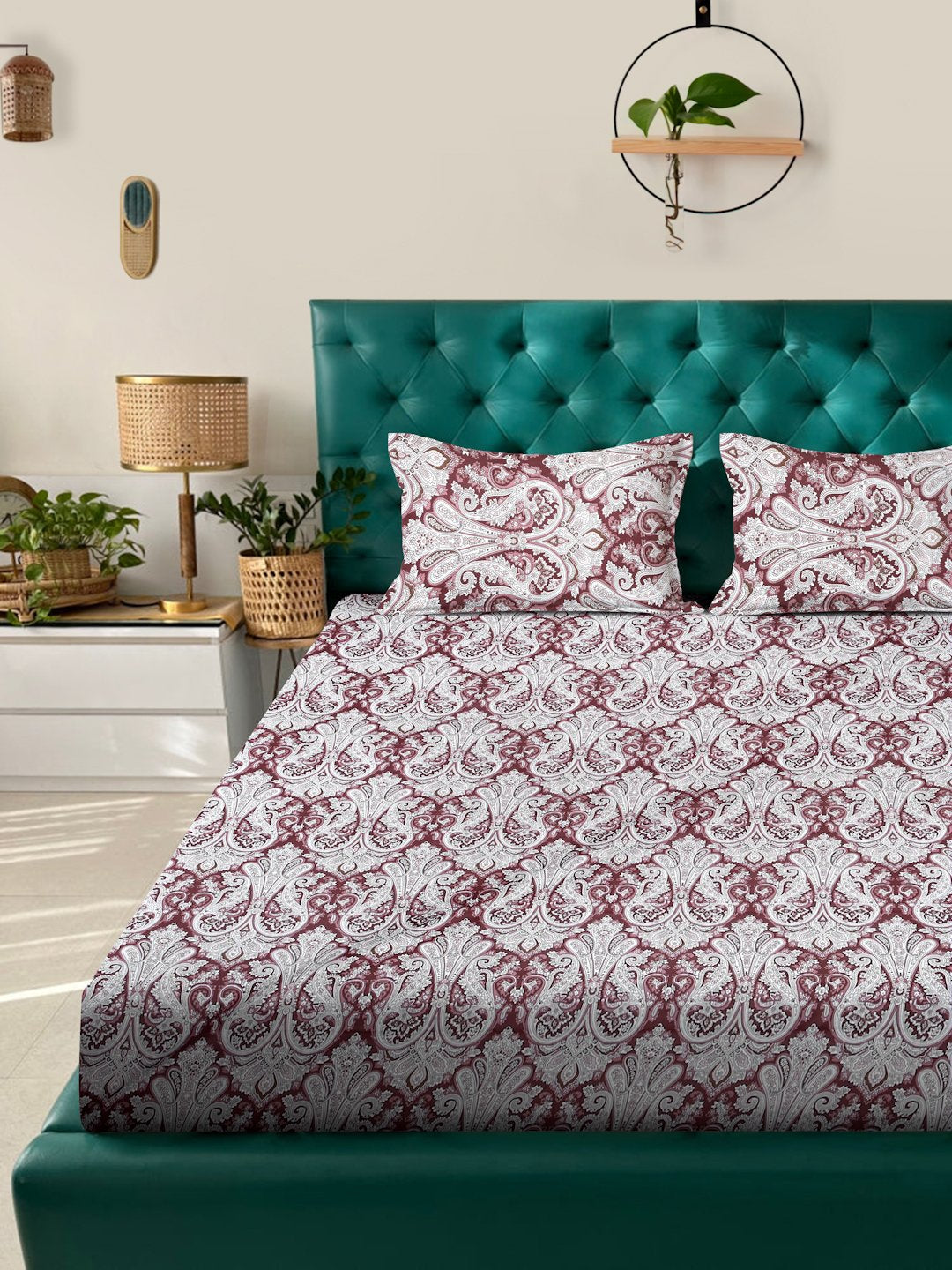 Maroon Floral 400 TC Pure Cotton Double Bedsheet in Book Fold Packing