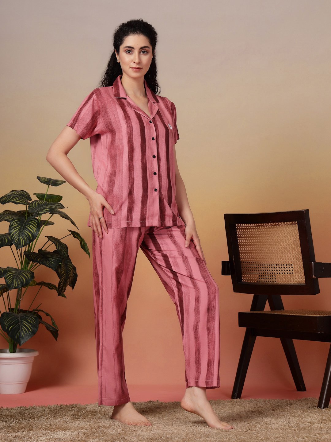 Women Red Striped Pure Cotton Night Suit