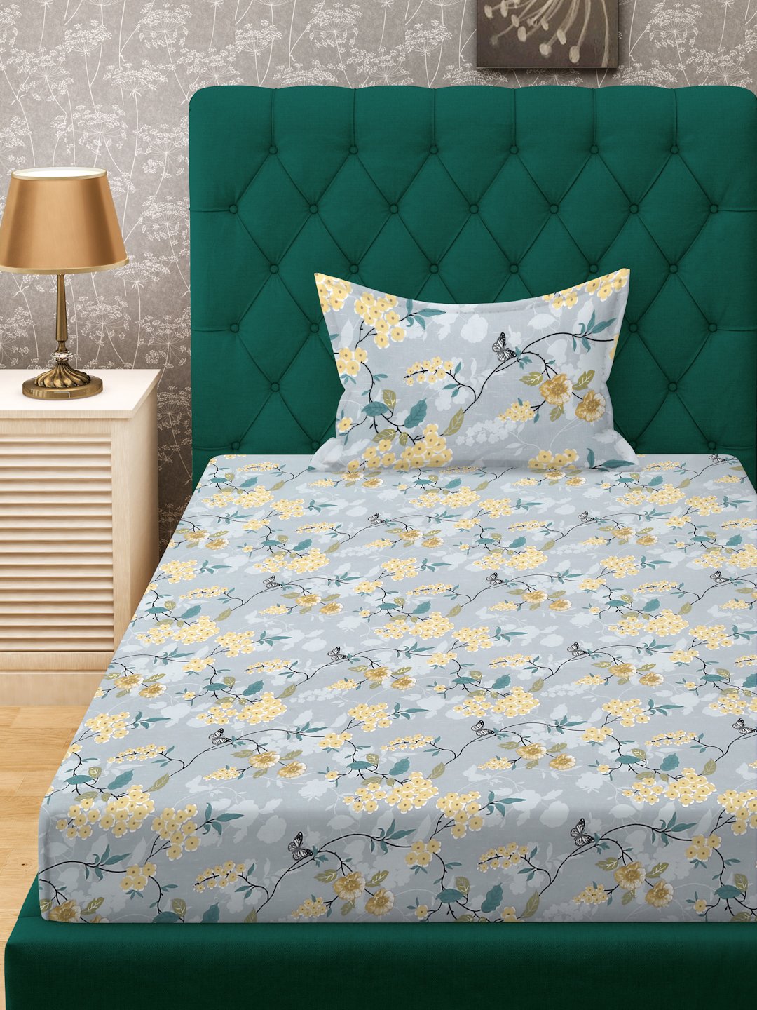 Multi Floral 300 TC Cotton Blend Single Bedsheet with Pillow Cover