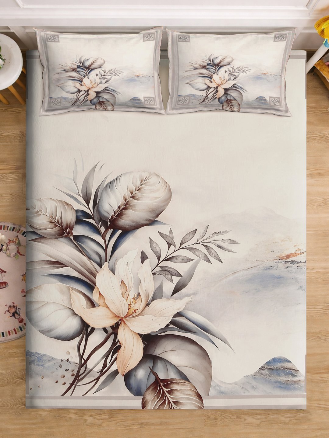 Cream Digital Floral Printed Cotton Blend Fitted Double Bedsheet with 2 Pillow Covers