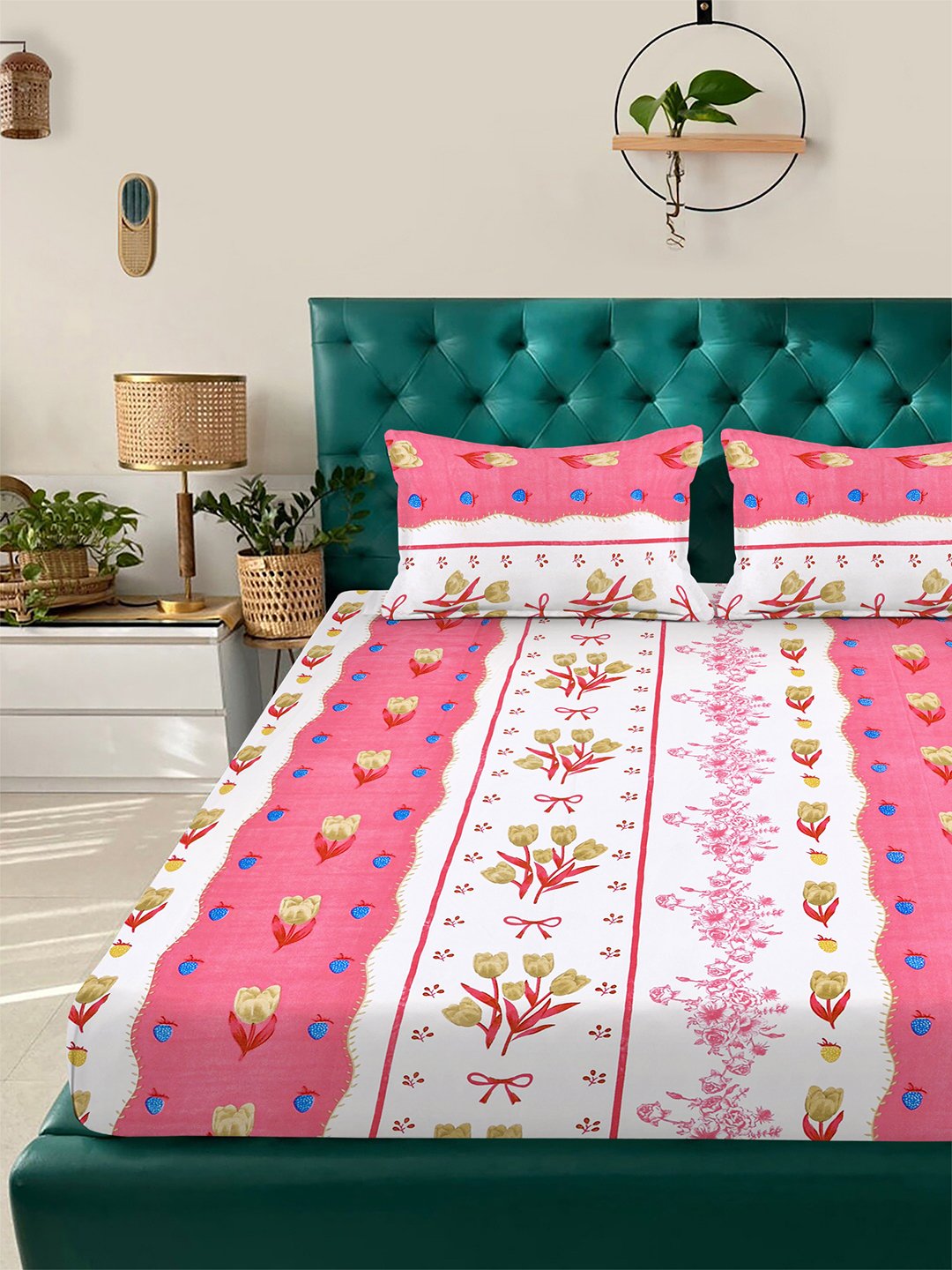 Pink Floral 300 TC Cotton Blend Fitted Double Bedsheet with 2 Pillow Covers