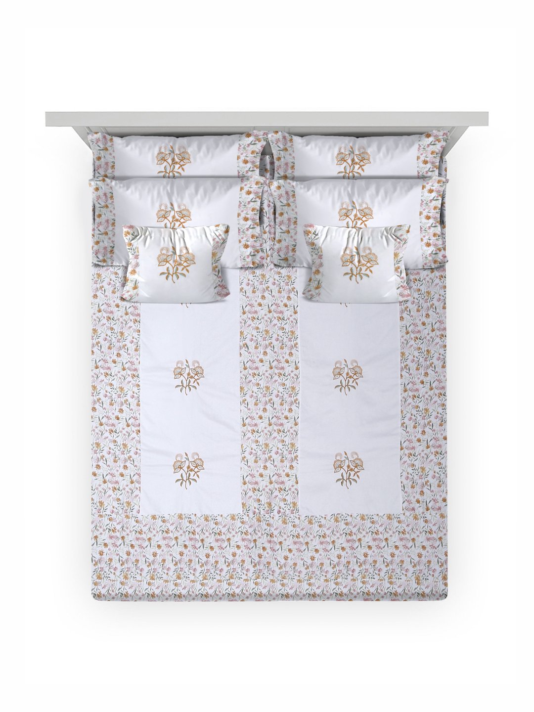 White Floral Embroidered 400 TC Cotton Fitted Double Bedsheet with 4 Pillow Covers & 2 Cushion Covers