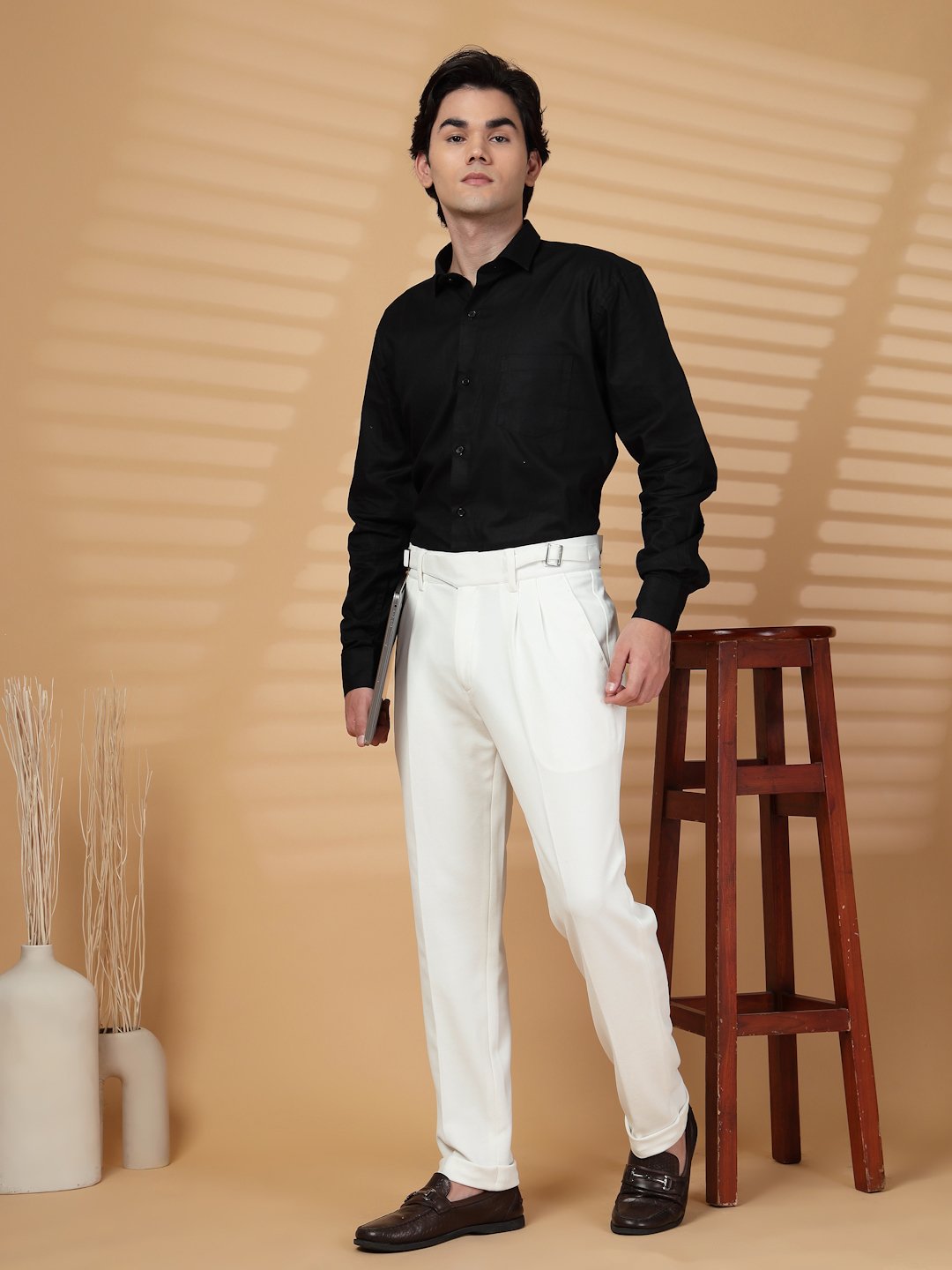 White Lycra Cotton Comfort-Fit Solid Regular Formal Trouser