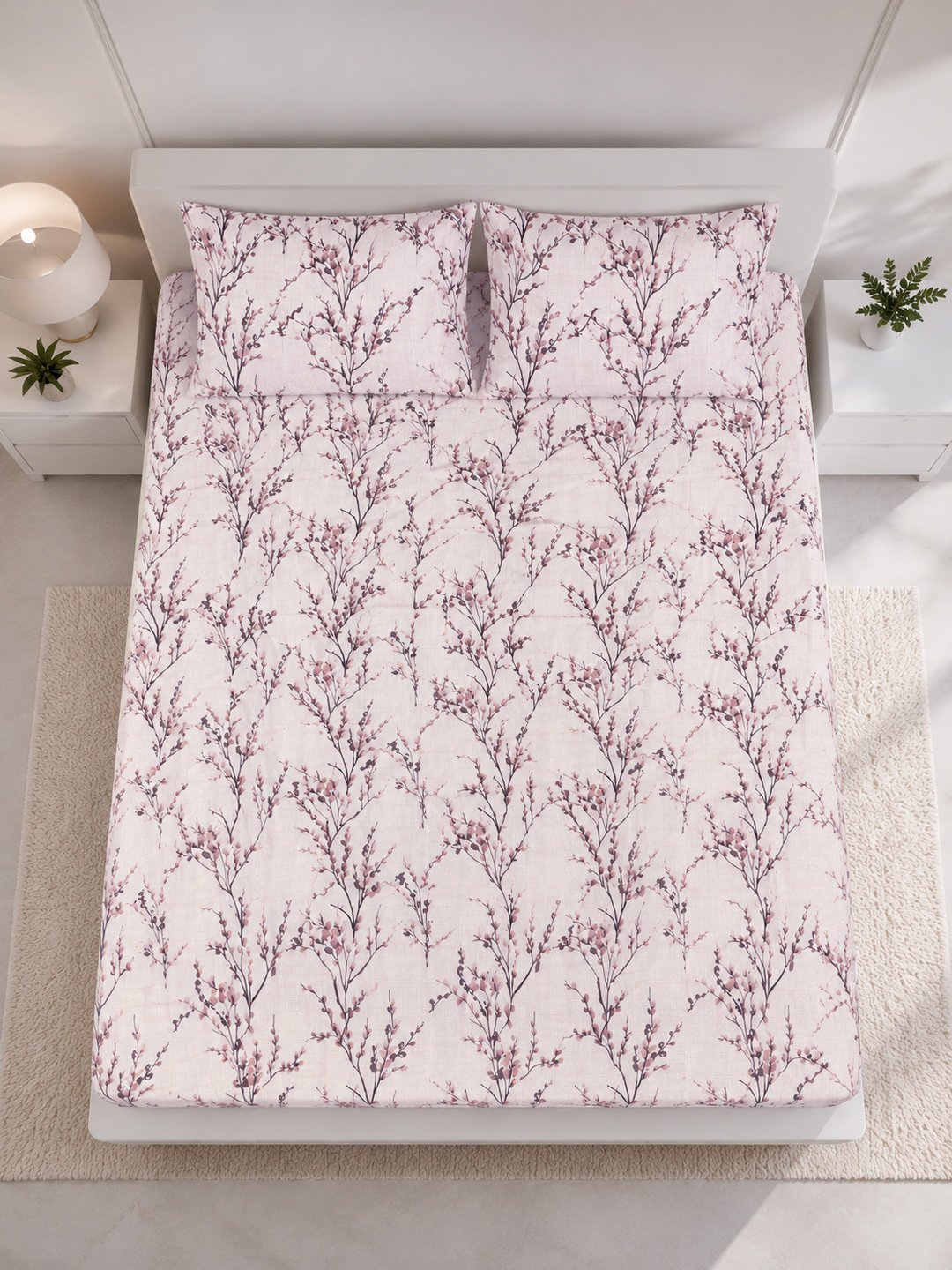 Cream Floral Cotton Blend Fitted Double Bedsheet with 2 Pillow Covers