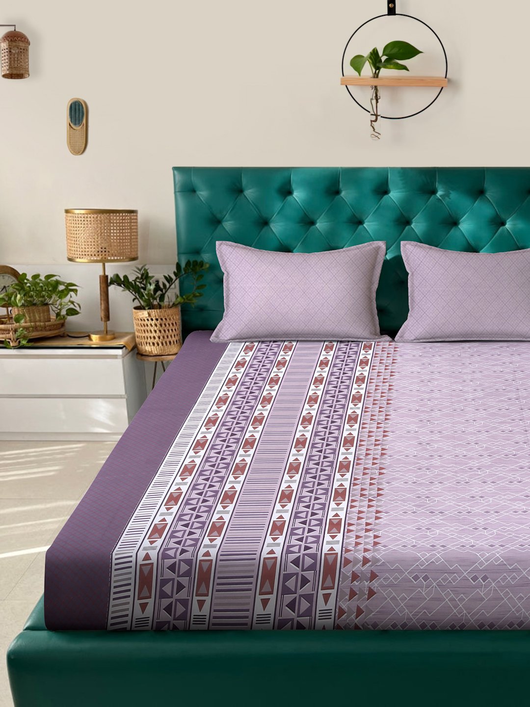 Purple Geometric 400 TC Pure Cotton Super King Double Bedsheet with 2 Pillow Covers