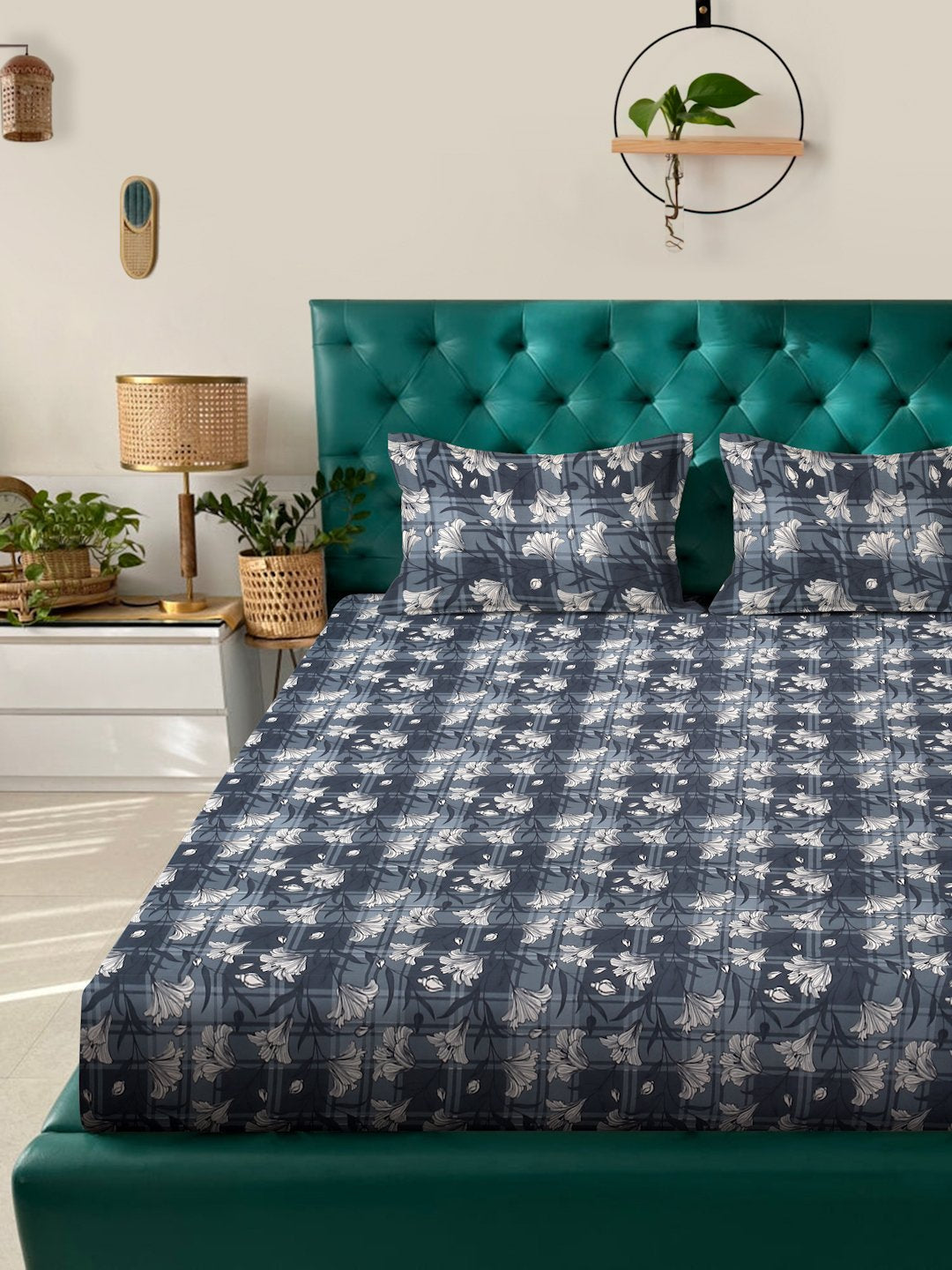 Grey Floral  300 TC Cotton Blend Fitted Double Bedsheet with 2 Pillow Covers