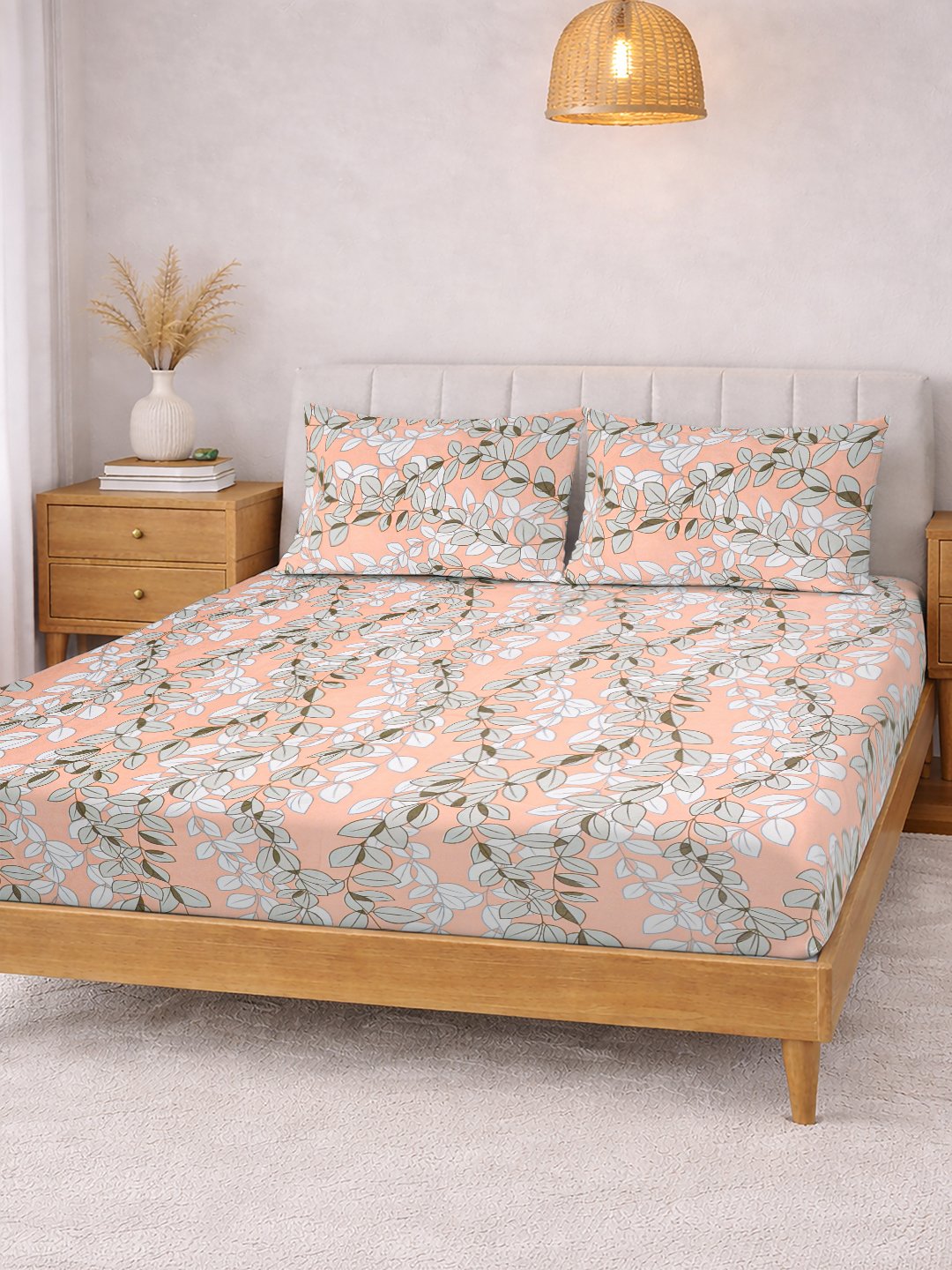 Orange Floral Cotton Blend Double Bedsheet with 2 Pillow Covers