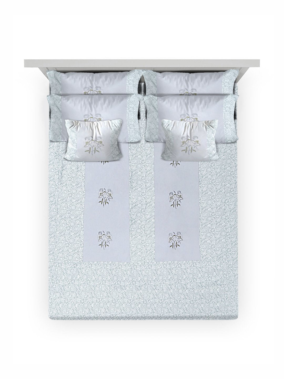 Grey Floral Embroidered 400 TC Cotton Double Bedsheet, 4 Pillow Covers & 2 Cushion Covers