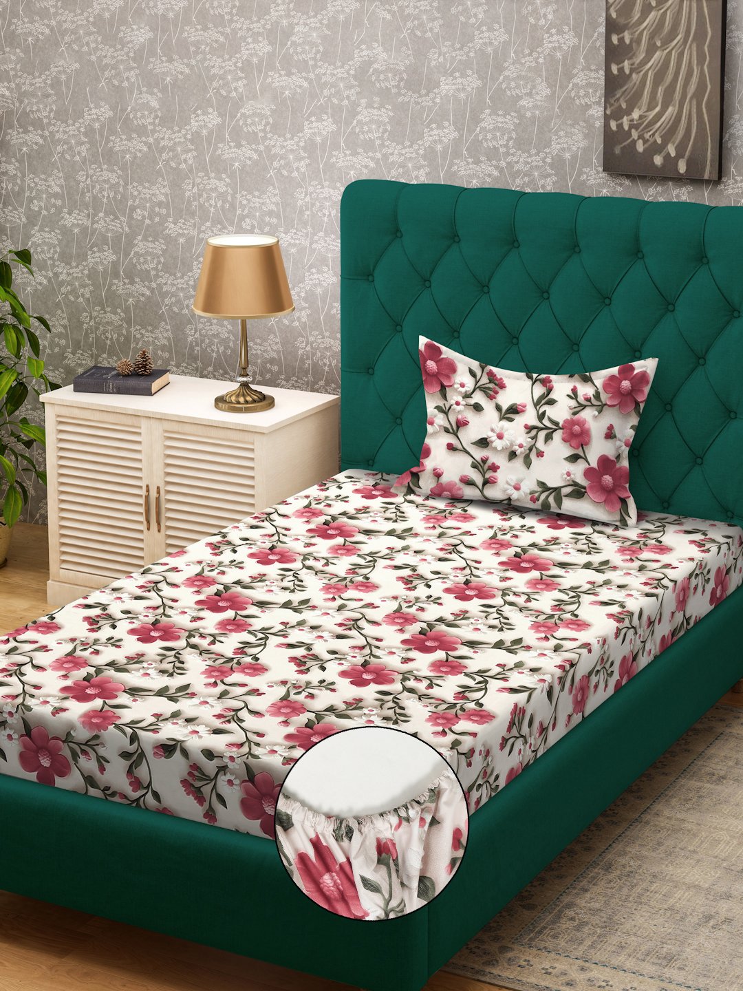 Cream Floral 7D Cotton Blend Fitted Single Bedsheet with Pillow Cover