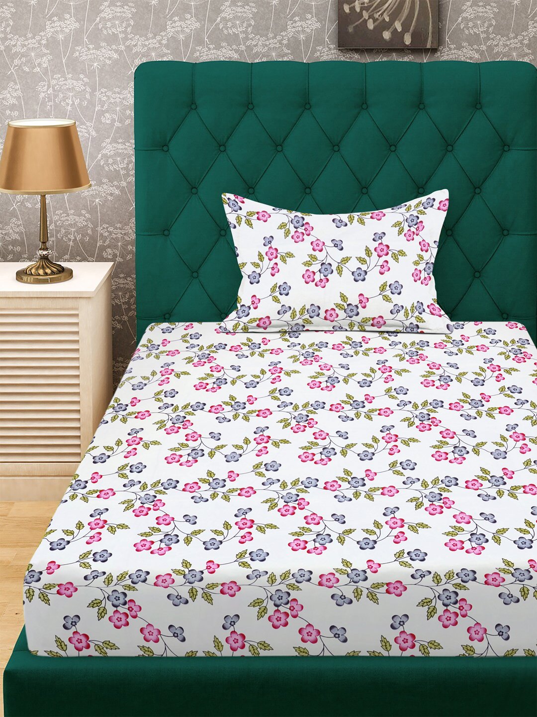 Cream Floral 300 TC Cotton Blend Fitted Single Bedsheet with Pillow Cover