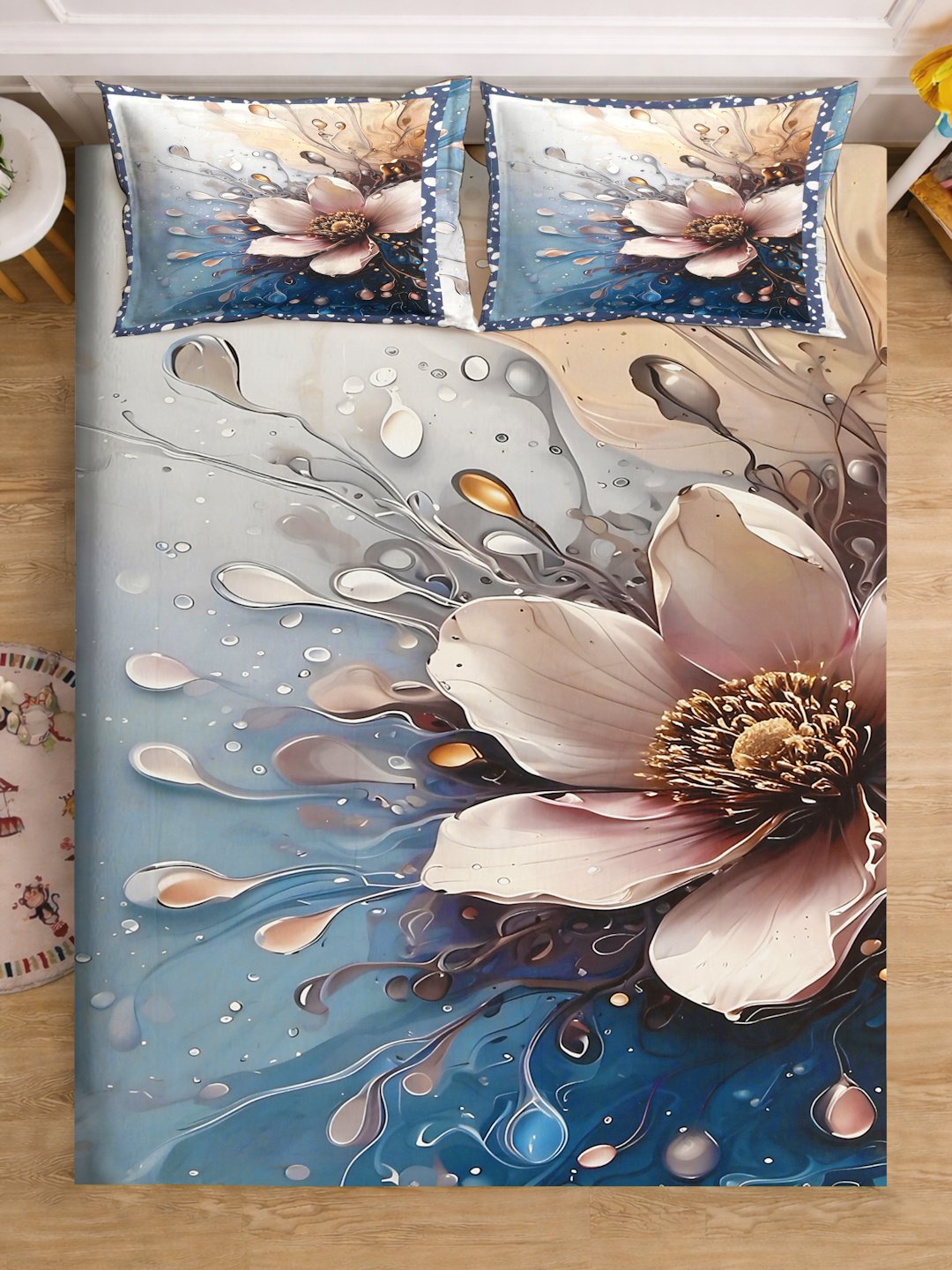 Blue Digital Floral Printed Cotton Blend Fitted Double Bedsheet with 2 Pillow Covers