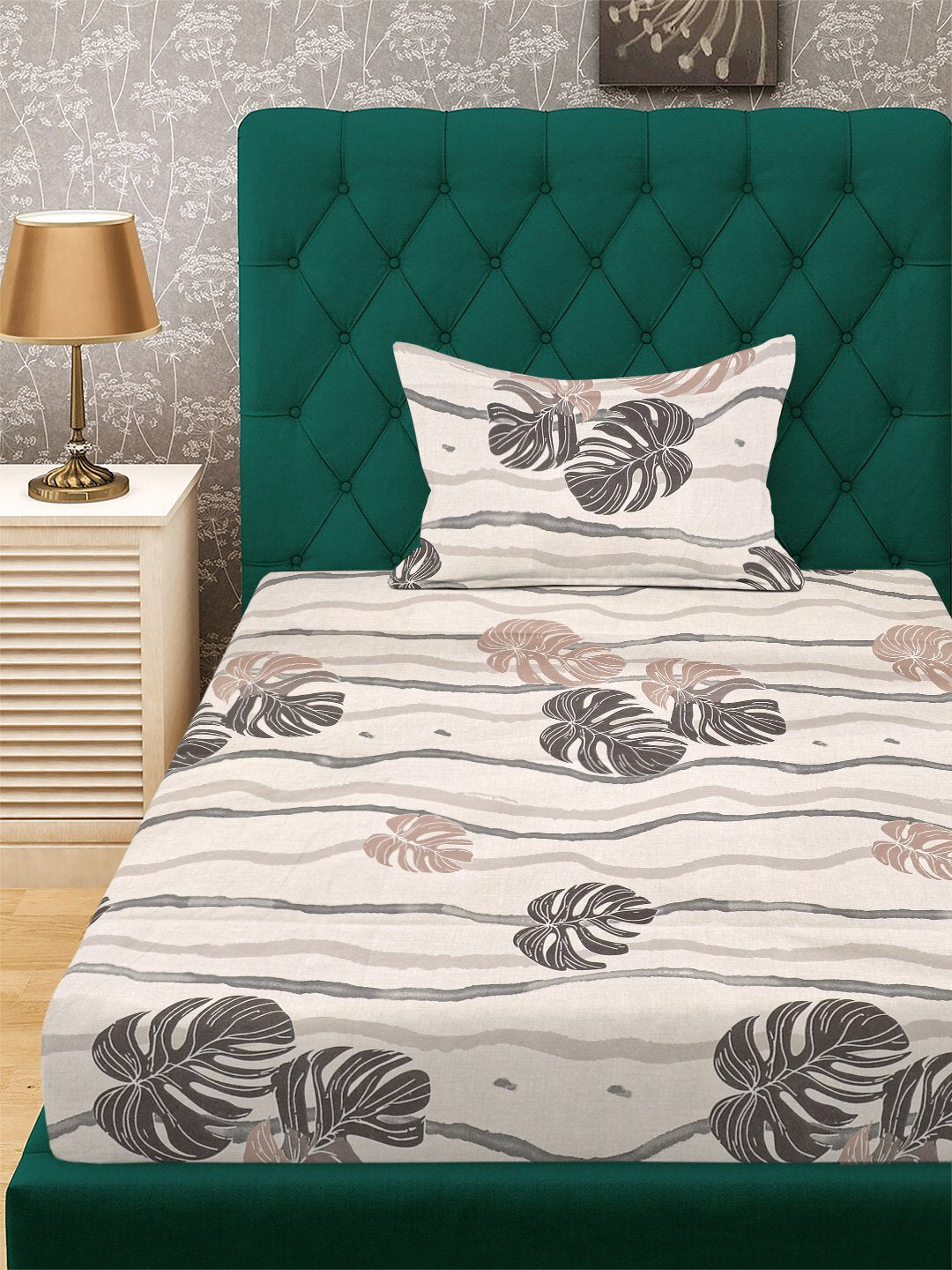 Beige Floral 300 TC Cotton Blend Fitted Single Bedsheet with Pillow Cover