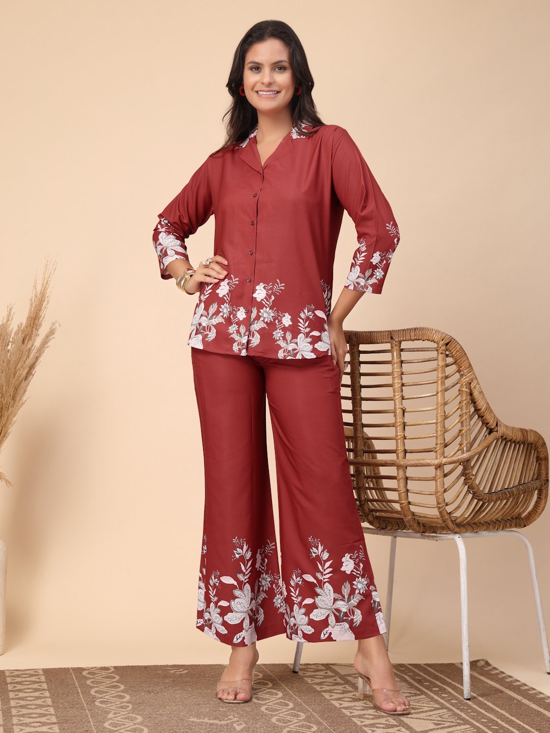 Red Cotton Printed Shirt With Trousers Co-Ords Set
