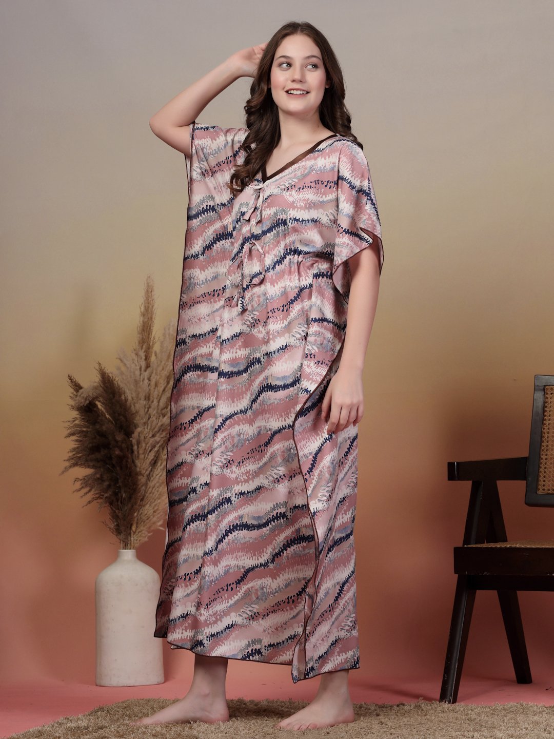 Multi Abstract Cotton Blend Kaftan Maxi Nightdress