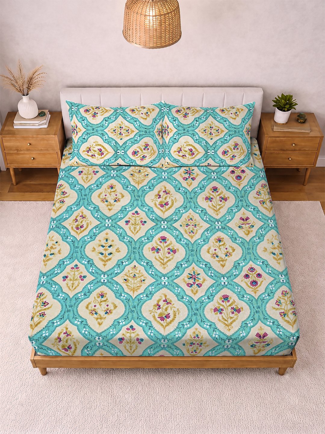 Multi Floral Cotton Blend Double Bedsheet with 2 Pillow Covers