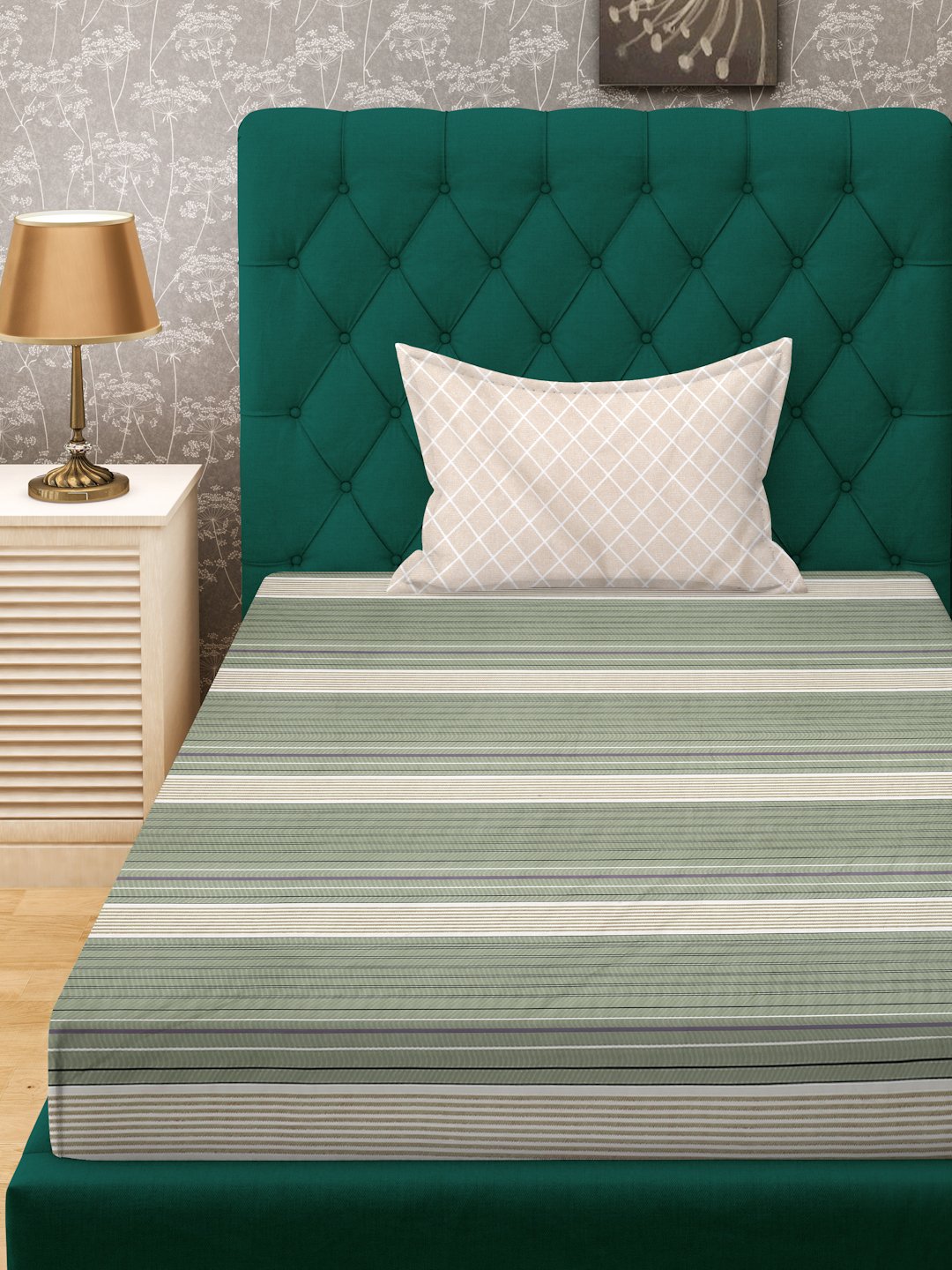 Green Striped 300 TC Cotton Blend Fitted Single Bedsheet with Pillow Cover