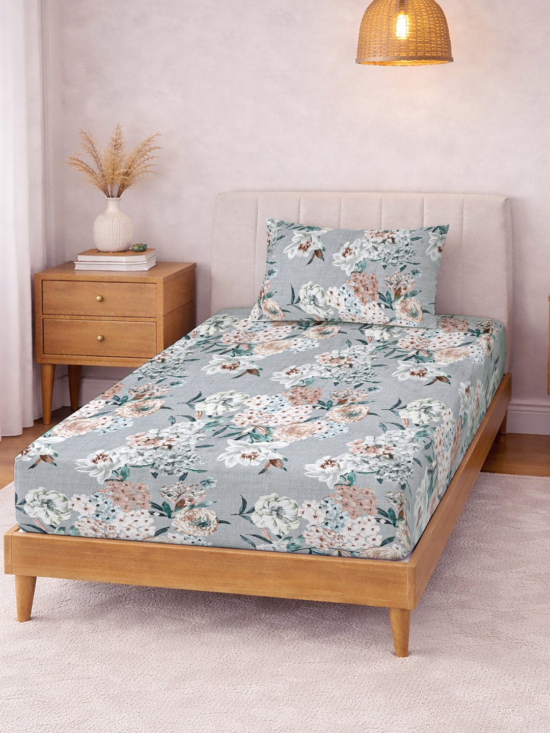 Grey Floral Cotton Blend Fitted Single Bedsheet with Pillow Cover