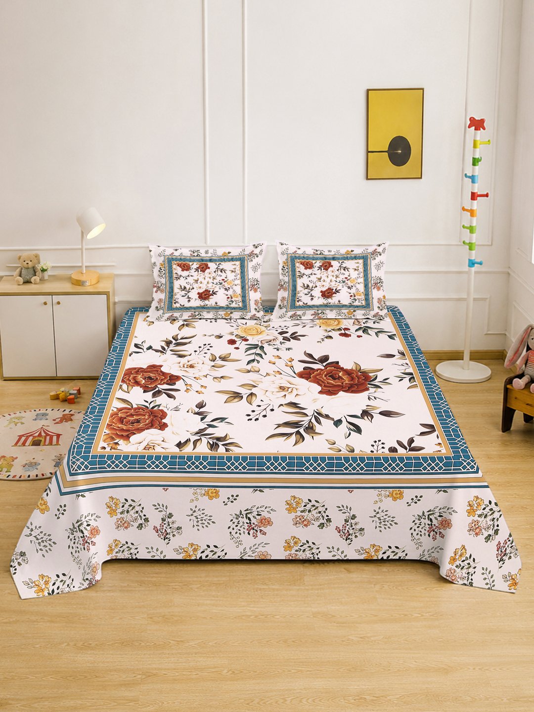 Digital Multi Floral Cotton Blend Double Bedsheet with 2 Pillow Covers