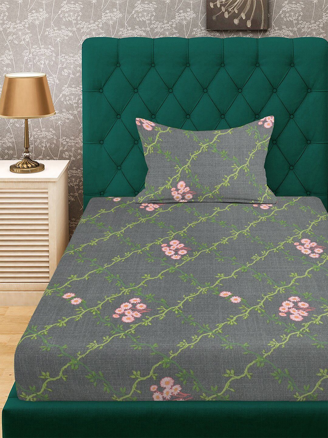 Grey Floral 300 TC Cotton Blend Single Bedsheet with Pillow Cover