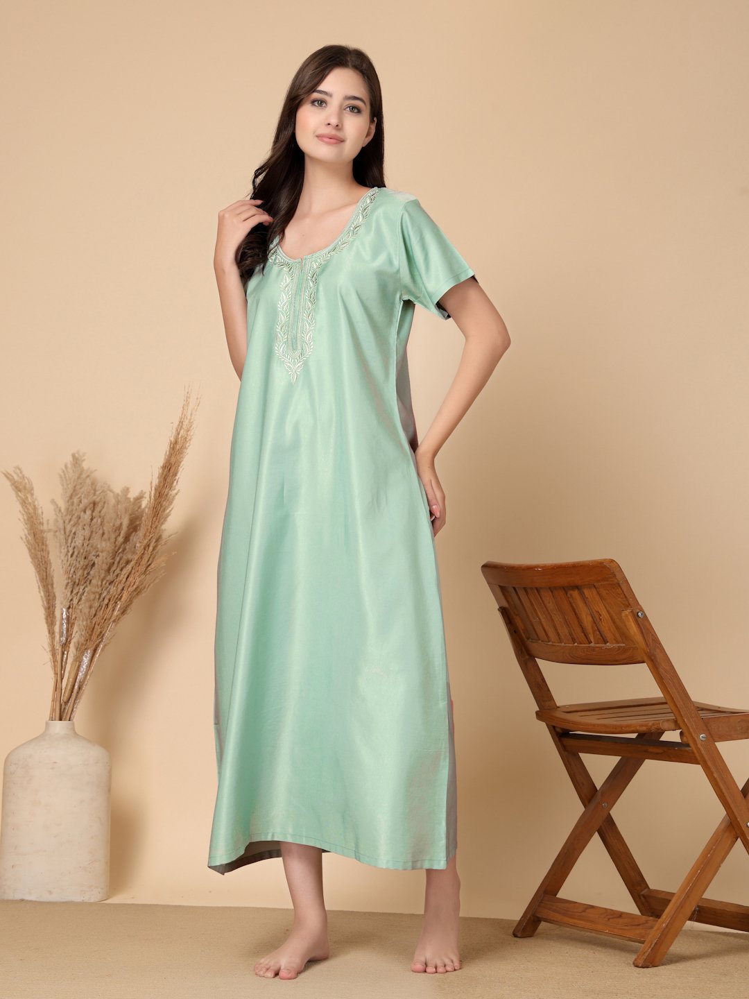 Green Solid Soft Feel Cotton Blend Maxi